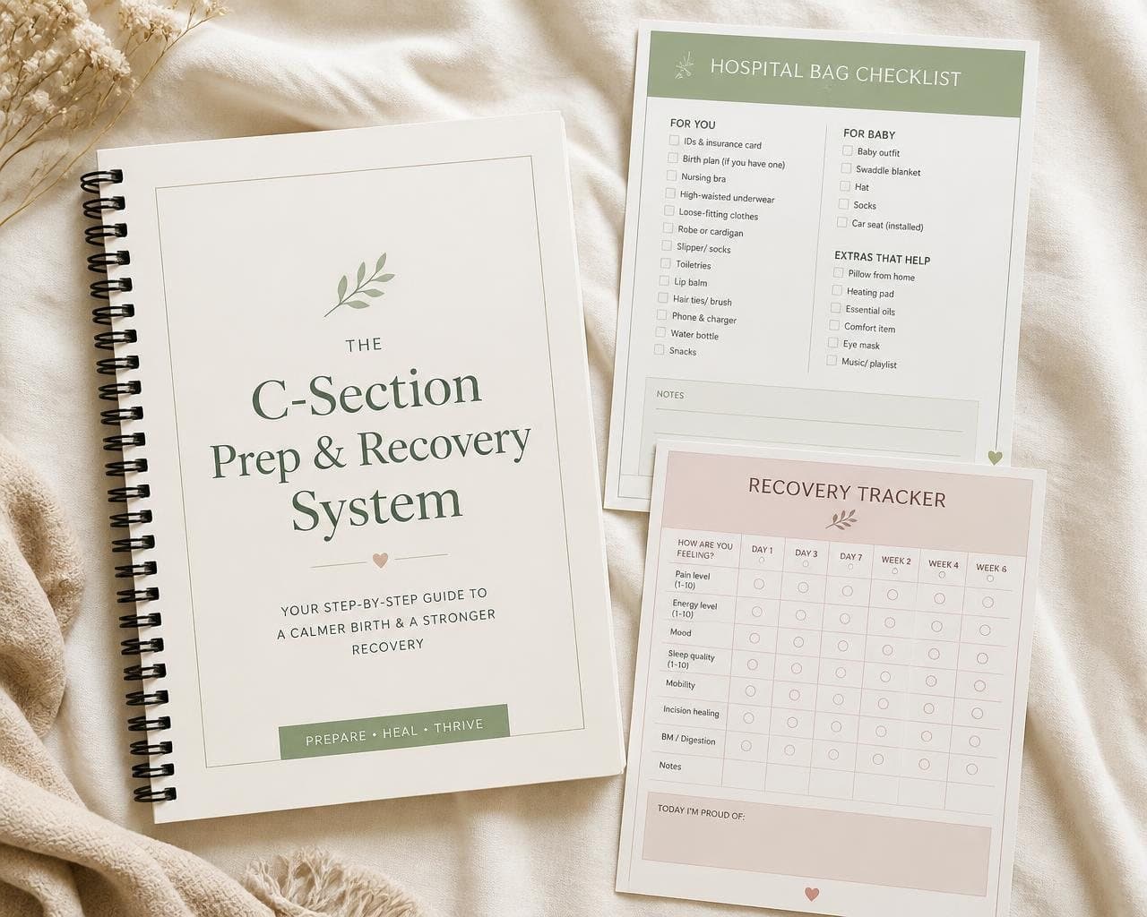 C-Section Prep & Recovery System workbook with hospital bag checklist and recovery tracker printables