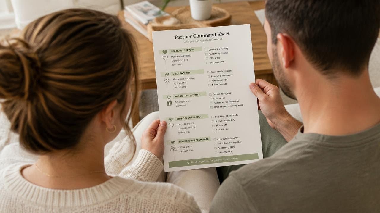 Couple reading the printed Partner Command Sheet together at home