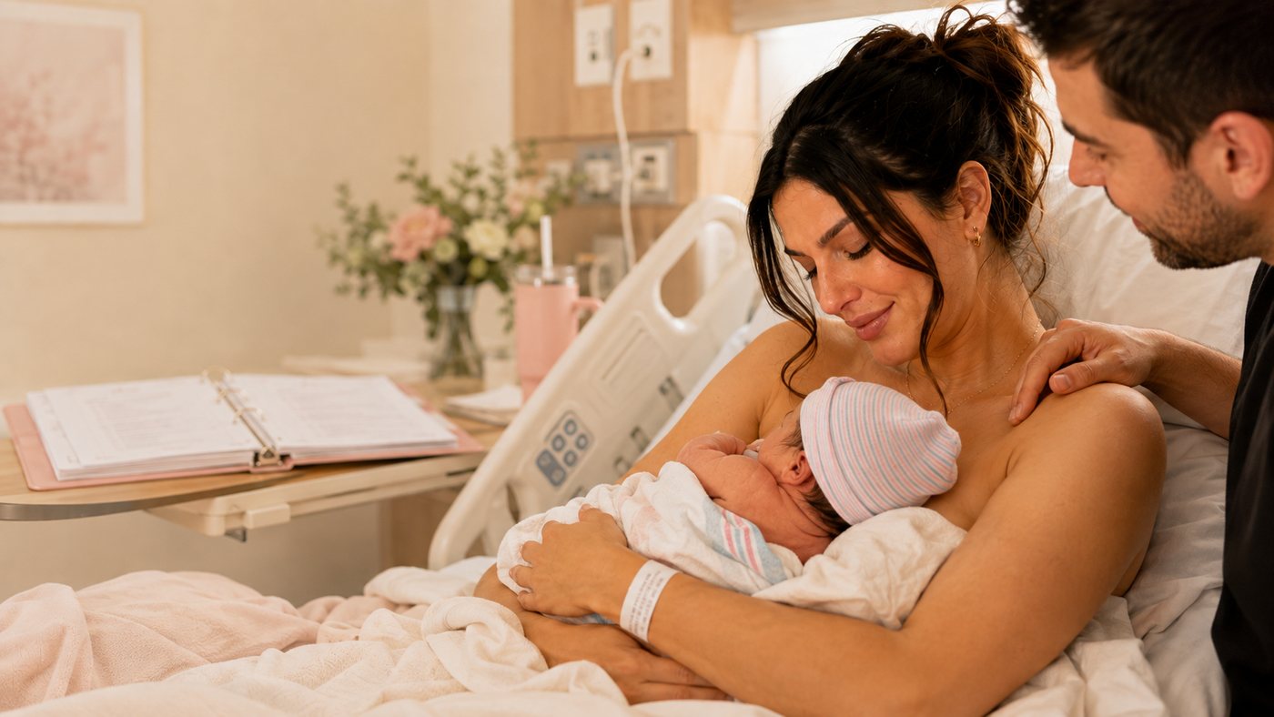 Holding a newborn in the hospital bed, the printed system on the bedside table